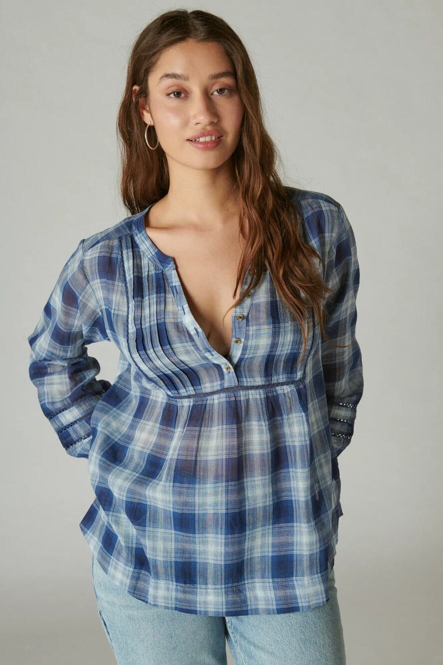 Wrangler Top Plaid Babydoll Pleated Button Embroidered Western Boho Blue Size XL
